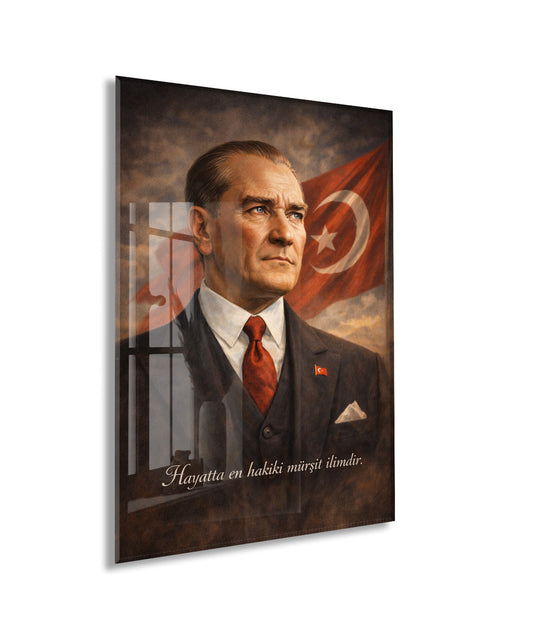 Hayatta En Hakiki Mürşit İlimdir , Mustafa Kemal Atatürk Cam Tablo- PeonyAta001