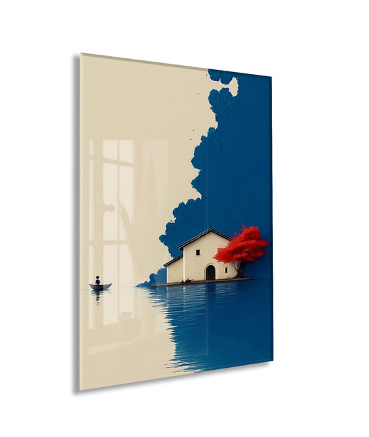 Minimal Göl Evi Manzarası – Kırmızı Ağaçlı Modern Duvar Tablosu - Peony133