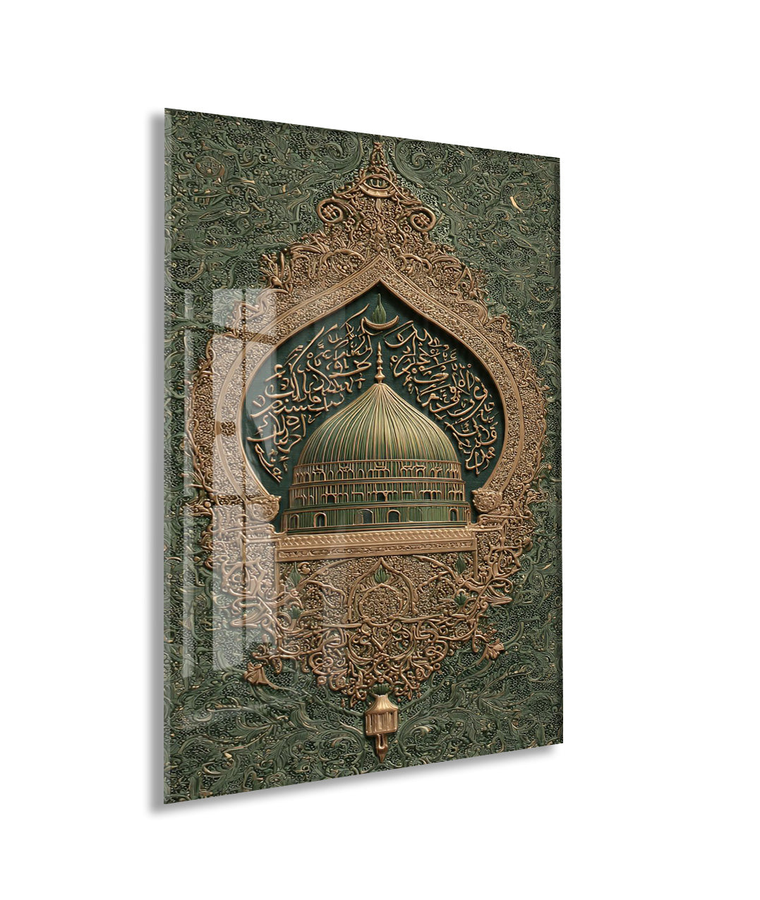 Yeşil Kubbe Cam Tablo | Medine Mescid-i Nebevi Temalı İslami Hat Sanatı, Altın Detaylı Premium UV Baskı Temperli Cam Duvar Dekoru - PeonyDini0102