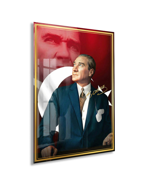 Mustafa Kemal Atatürk Türk Bayraklı Cam Tablo | İmzalı 4 mm Temperli UV Baskılı Premium Duvar Tablosu -PeonyAta1304