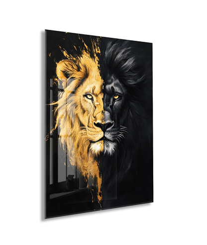Altın ve Siyah Aslan Cam Tablo – Güç, Asalet ve Modern Sanatı Yansıtan Şık Duvar Dekoru - Peony022