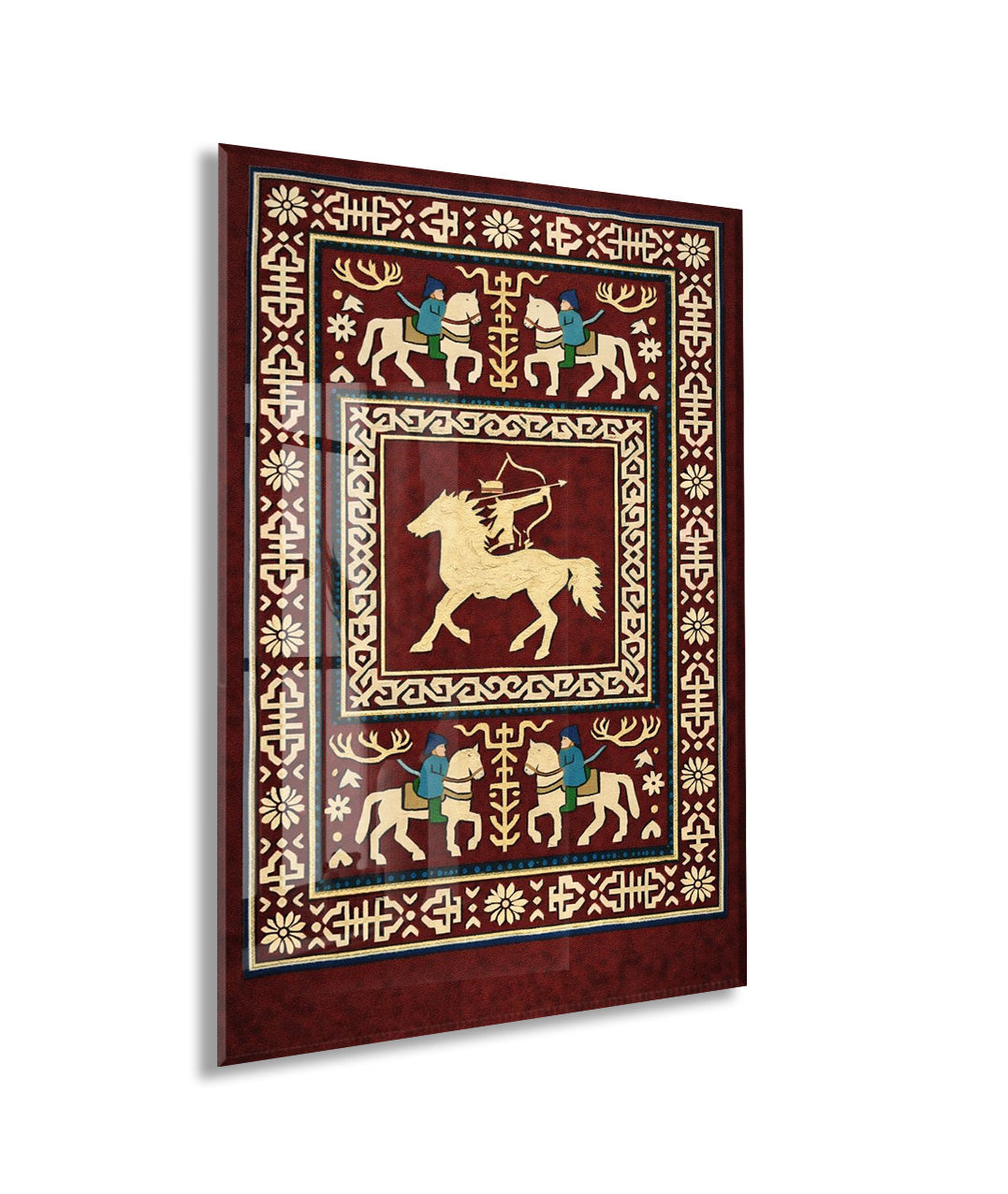 Orta Asya Türk Motifleri Cam Tablo – Atlı Okçu ve Geleneksel Türk Desenleri Duvar Dekoru - PeonyTrk009