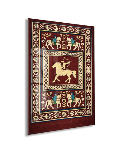 Orta Asya Türk Motifleri Cam Tablo – Atlı Okçu ve Geleneksel Türk Desenleri Duvar Dekoru - PeonyTrk009