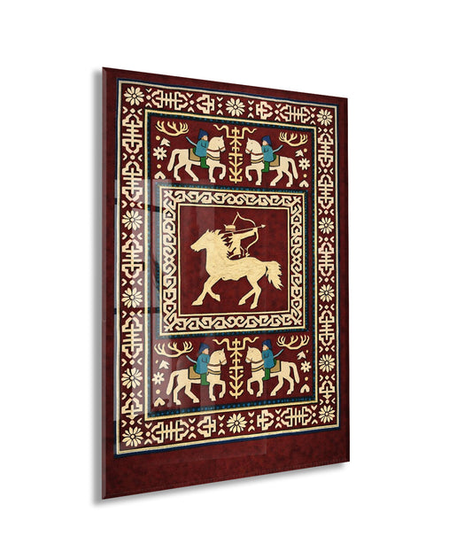 Orta Asya Türk Motifleri Cam Tablo – Atlı Okçu ve Geleneksel Türk Desenleri Duvar Dekoru - PeonyTrk009