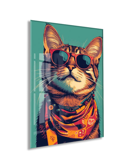 Gözlüklü Hipster Kedi Cam Duvar Tablosu – Modern ve Cool Tasarım - Peony129