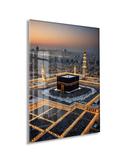 Kâbe ve Mescid-i Haram’da Akşam Vakti – Tavaf Anı Cam Tablo  - PeonyDini129