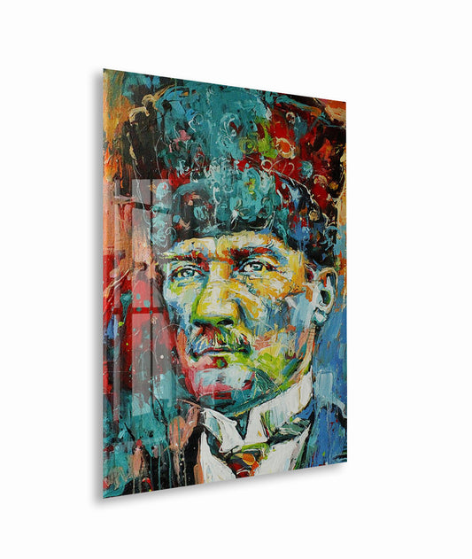 Modern Mustafa Kemal Atatürk Portresi Cam Tablo | Sanatsal UV Baskılı Temperli Cam -PeonyAta1331