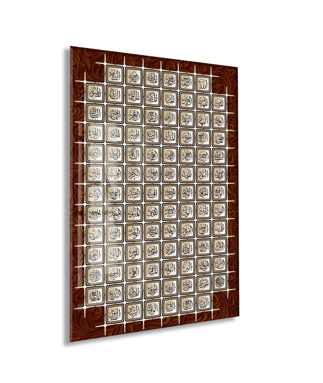 Esmaül Hüsna Cam Tablo | 99 İsimli İslami Hat Sanatı, Klasik Desenli Premium UV Baskı Temperli Cam Duvar Dekoru - PeonyDini0101