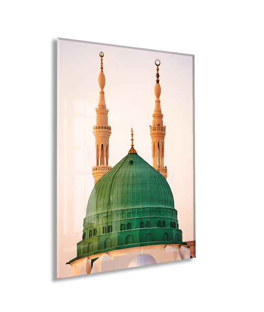 Mescid-i Nebevi Yeşil Kubbe Cam Tablo – Medine Temalı Manevi Duvar Dekoru - PeonyDini095