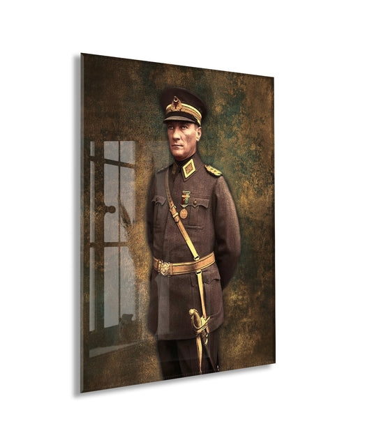 Tam Boy Askerî Üniformalı Atatürk Cam Tablo – Komutanlık ve Otoriteyi Yansıtan 4 mm Temperli Cam Duvar Dekoru -PeonyAta1015