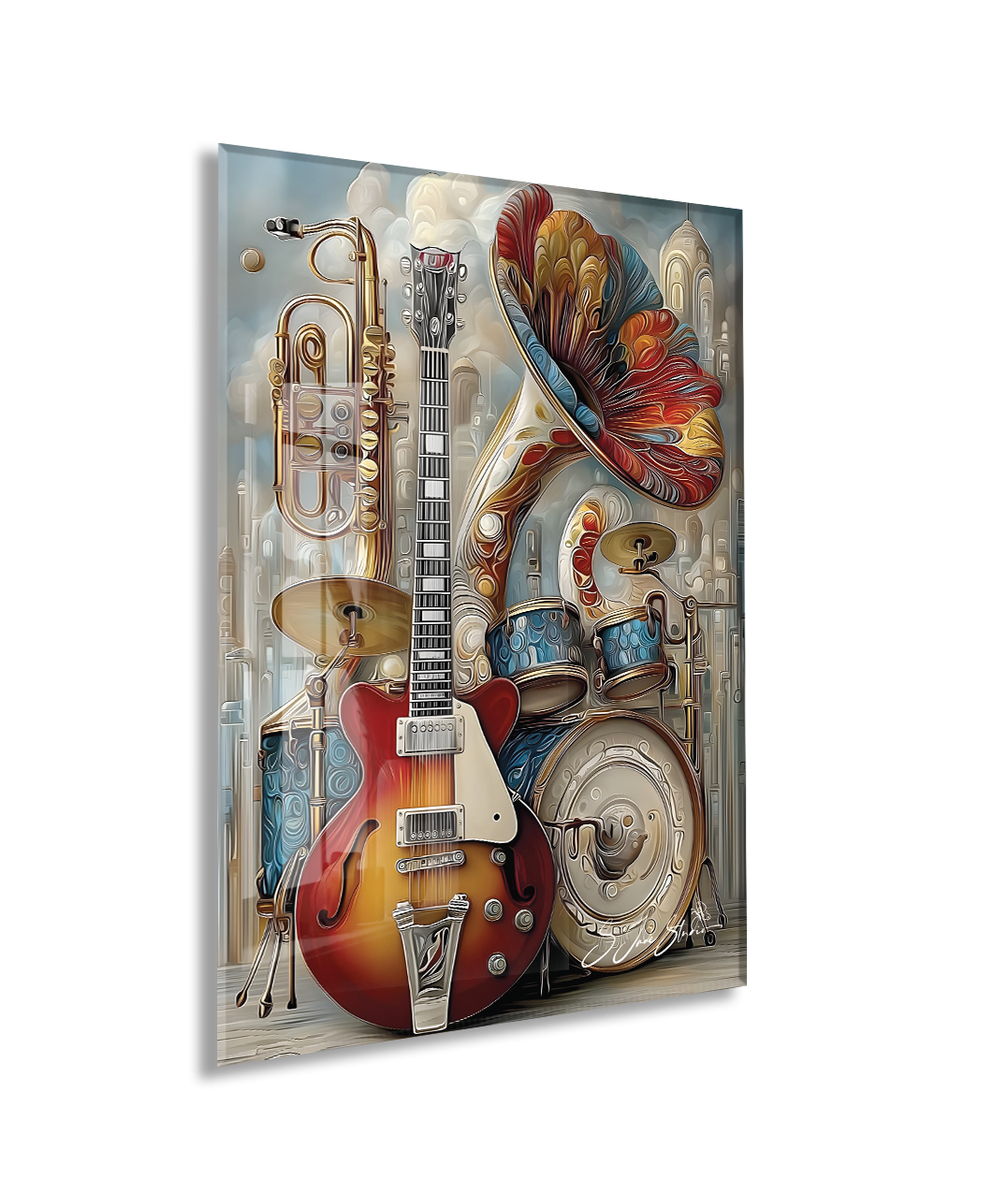 Modern Müzik Temalı Cam Tablo – Gitar, Trompet ve Davul Detaylı, Sanatsal UV Baskılı Temperli Cam Duvar Dekoru - Peony043