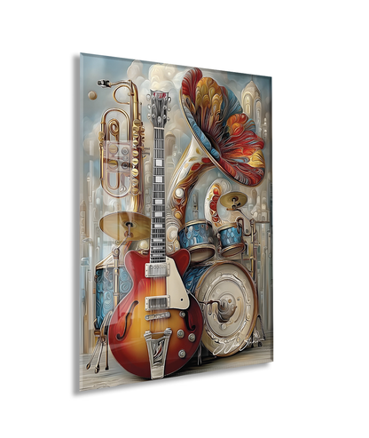 Modern Müzik Temalı Cam Tablo – Gitar, Trompet ve Davul Detaylı, Sanatsal UV Baskılı Temperli Cam Duvar Dekoru - Peony043