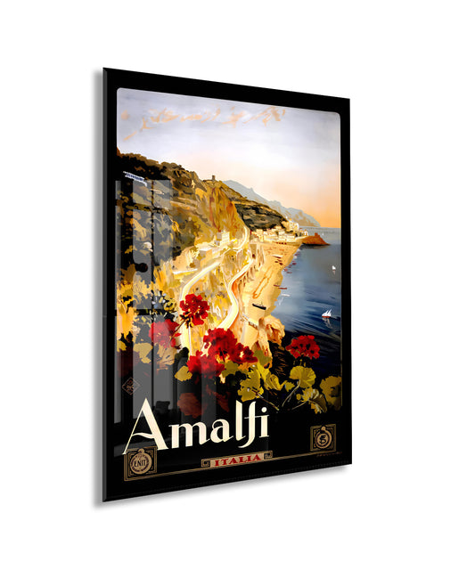 Amalfi Vintage Cam Tablo | İtalya Sahil Posteri UV Baskılı Temperli Cam Duvar Dekoru - Peony155