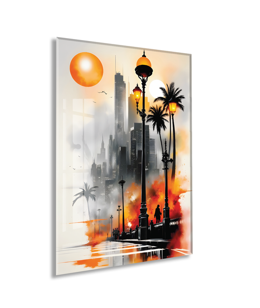 Modern Şehir Manzarası Cam Tablo – Gün Batımı Temalı Sanatsal UV Baskılı Temperli Cam Duvar Tablosu - Peony004