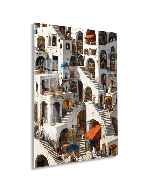 Modern Akdeniz Mimari Cam Tablo – Sokak ve Merdiven Temalı Sanatsal UV Baskılı Temperli Cam Duvar Tablosu - Peony018