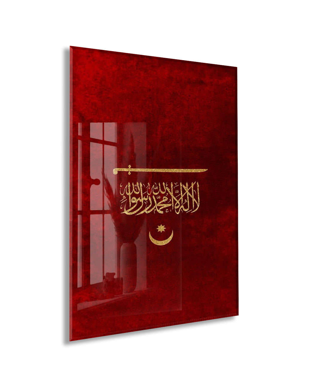 Kelime-i Tevhid ve Osmanlı Kılıcı Cam Tablo – Kırmızı Zemin İslami ve Tarihi Duvar Dekoru - PeonyOsm004