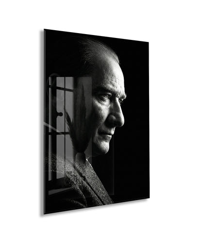 Mustafa Kemal Atatürk Siyah Beyaz Cam Tablo | 4 mm Temperli UV Baskılı Premium Duvar Dekoru-PeonyAta1301
