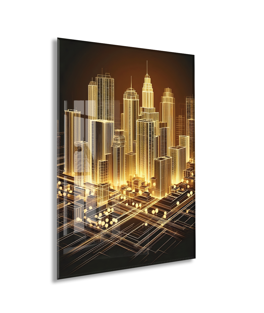 Modern Altın Şehir Silüeti Cam Baskı Tablo | 4mm Temperli Cam, Yüksek Çözünürlüklü UV Baskı, Parlak Yüzey, Ofis ve Salon Duvar Dekoru - Peony046