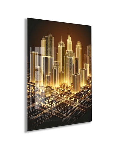 Modern Altın Şehir Silüeti Cam Baskı Tablo | 4mm Temperli Cam, Yüksek Çözünürlüklü UV Baskı, Parlak Yüzey, Ofis ve Salon Duvar Dekoru - Peony046