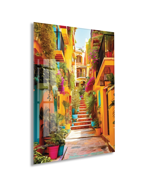 Renkli Akdeniz Sokağı Cam Tablo – Canlı Mimari ve Dar Sokak Temalı Dekoratif Duvar Tablosu - Peony054