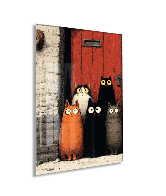 Şaşkın Bakışlı Kediler – Modern ve Minimal İllüstrasyon Cam Tablo- Peony130