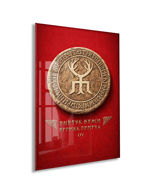 Göktürk Tamgası Cam Tablo – Orhun Yazıtları Motifli Kırmızı Zeminli Türk Tarihi Duvar Dekoru - PeonyTrk002