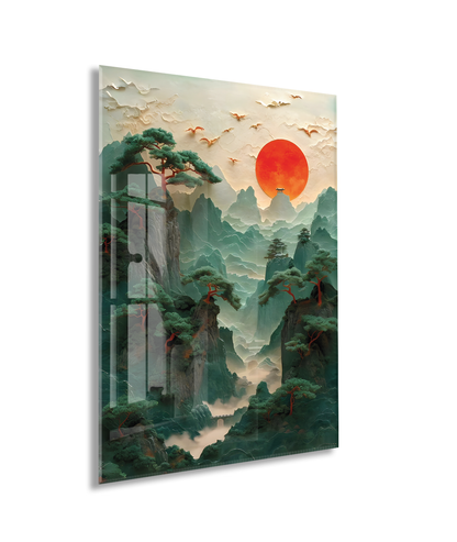 Modern Asya Manzarası Cam Tablo – Dağ ve Kızıl Güneş Temalı Sanatsal UV Baskılı Temperli Cam Duvar Tablosu - Peony008