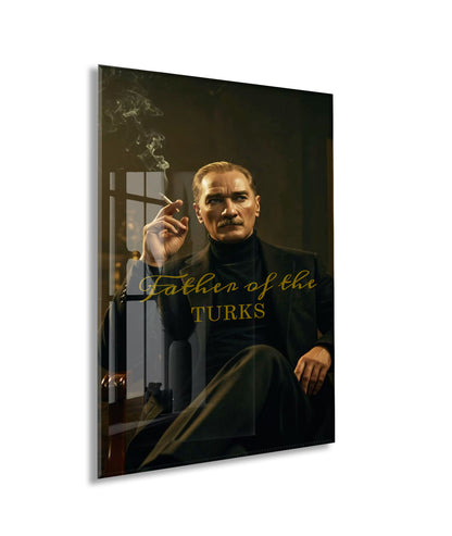 Father of the Turks Atatürk Cam Tablo | Gold Yazı Detaylı Modern Portre, Premium UV Baskı Temperli Cam Atatürk Duvar Dekoru PeonyAta051