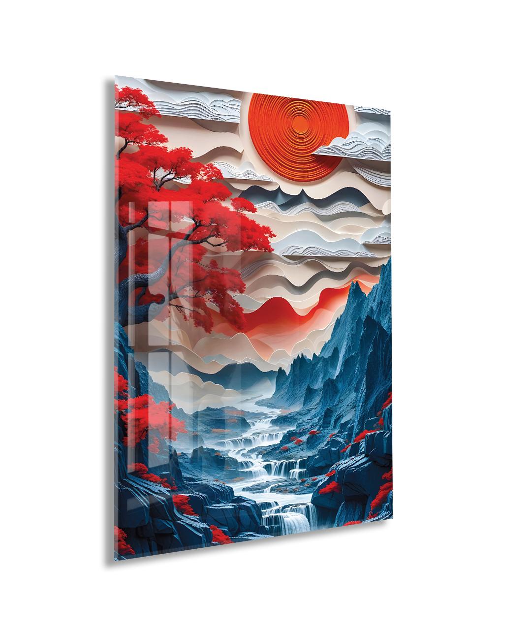 Modern Soyut Asya Manzarası Cam Tablo – Kızıl Güneş ve Dağ Temalı Sanatsal UV Baskılı Temperli Cam Duvar Tablosu - Peony009