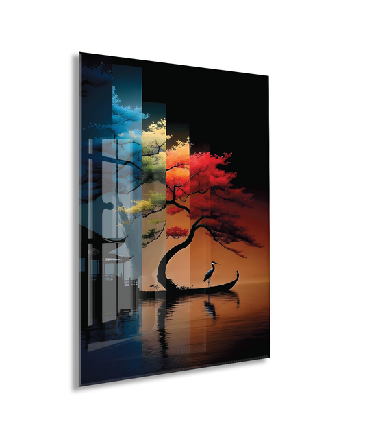 Soyut Portre Cam  Tablo – Renkli Fırça Efektli Sanatsal UV Baskılı Temperli Cam Duvar Tablosu  Modern Soyut Dört Mevsim Ağacı Cam Tablo – Doğa ve Denge Temalı Sanatsal UV Baskılı Temperli Cam Duvar Tablosu - Peony015