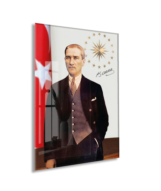 Mustafa Kemal Atatürk Türk Bayraklı Cam Tablo | 4 mm Temperli UV Baskılı Premium Duvar Dekoru -PeonyAta1303