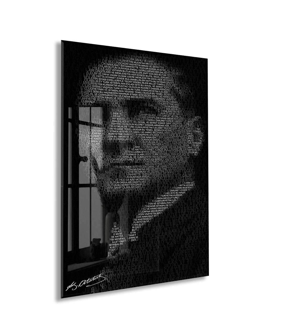 Atatürk Silüet Cam Baskı Tablo | Nutuk Metinli Siyah Beyaz Modern Duvar Dekoru, 4mm Temperli Cam, Yüksek Çözünürlüklü UV Baskı PeonyAta045