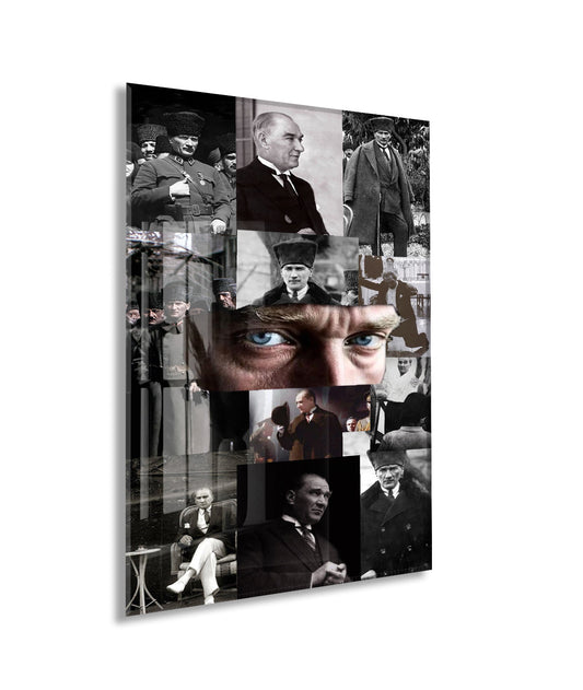 Atatürk Fotoğraf Kolajı Cam Tablo – Cumhuriyetin Kurucusu Temalı Özel Cam Duvar Tablosu -PeonyAta067
