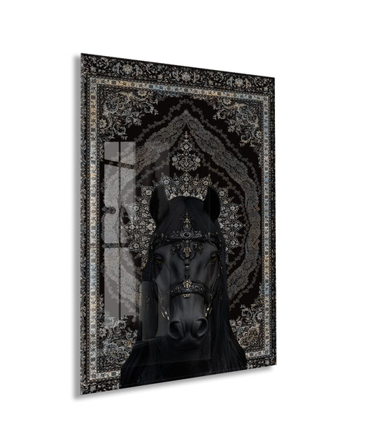 Siyah Asil At Figürlü Cam Tablo – Oryantal Desenli Güç ve Zarafet Temalı Duvar Dekoru - Peony057