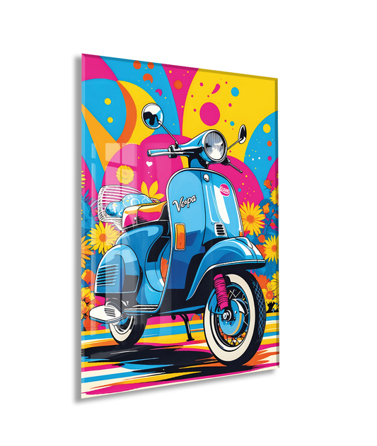 Renkli Vespa Scooter Cam Tablo – Pop Art Stil, UV Baskılı Temperli Cam Duvar Dekoru - Peony040