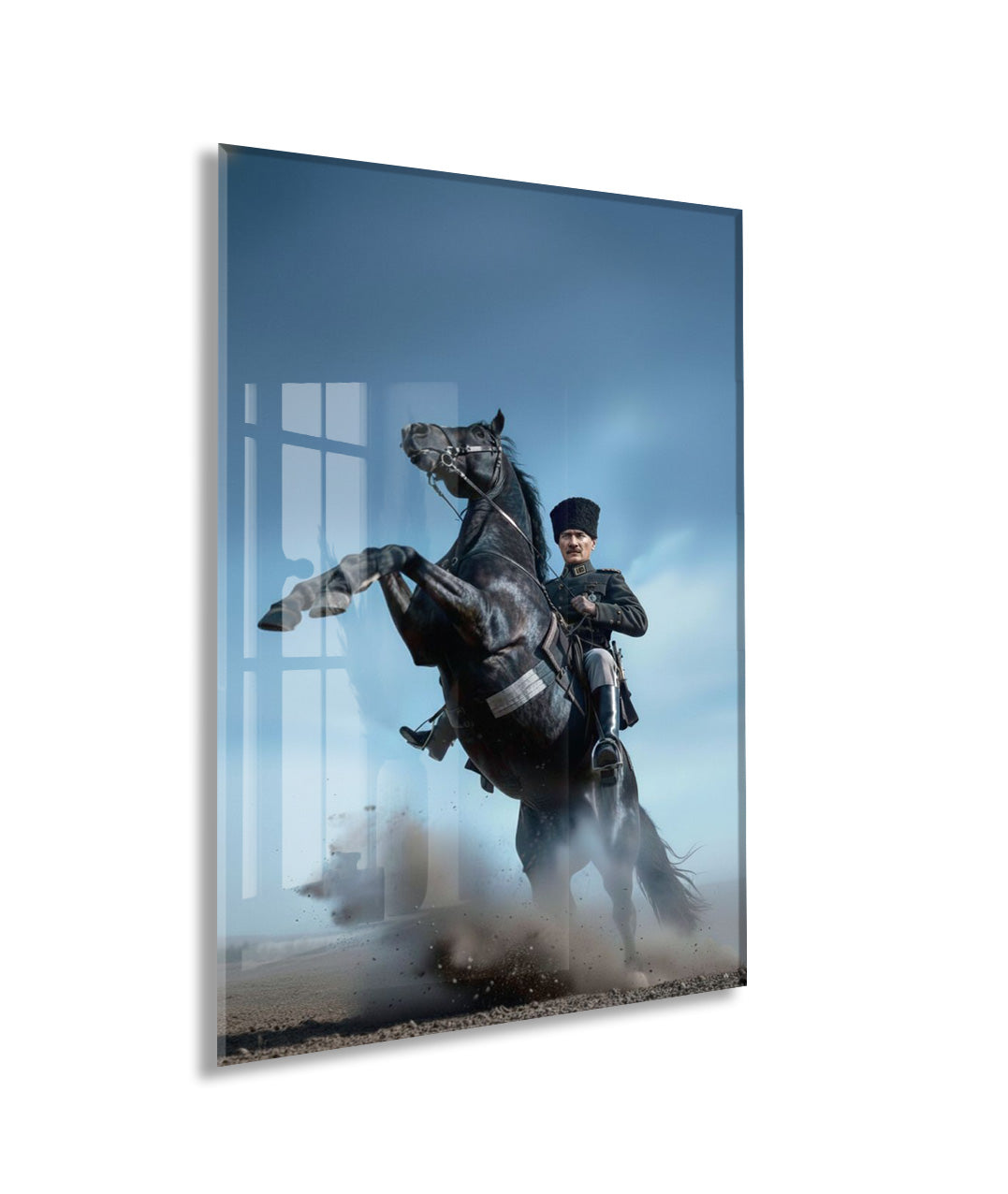 Atatürk At Üzerinde Cam Tablo – Liderlik ve Kurtuluş Ruhunu Yansıtan 4 mm Temperli Cam -PeonyAta056