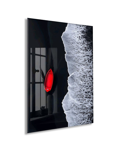 Siyah Kum ve Kırmızı Tekne – Kontrast Deniz Cam Duvar Tablosu - Peony137