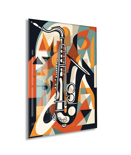 Soyut Saksafon Cam Tablo – Modern Jazz Temalı, UV Baskılı Temperli Cam Duvar Dekoru - Peony041