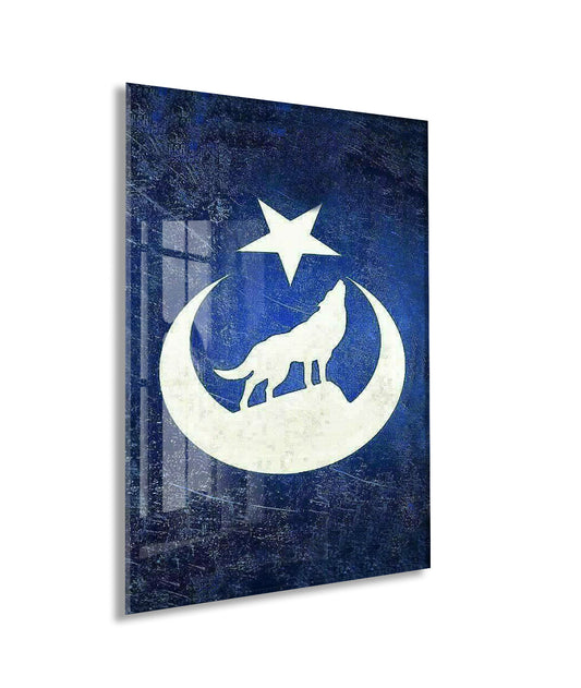 Bozkurt ve Hilal Yıldız Cam Tablo – Türk Mitolojisi Temalı Mavi Duvar Dekoru - PeonyTrk015