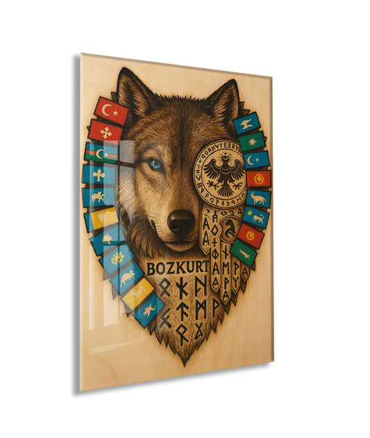 Bozkurt ve Türk Boyları Cam Tablo – Türk Devletleri Bayrakları ve Runik Semboller Duvar Dekoru - PeonyTrk011