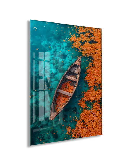 Turkuaz Suda Tekne ve Turuncu Çiçekler – Kuşbakışı Duvar Tablosu- Peony135