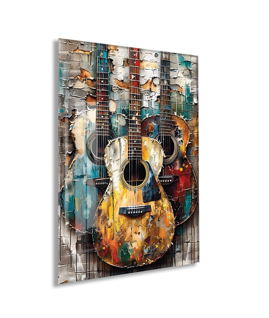 Vintage Gitar Kompozisyonu Cam Tablo – Müzik Temalı Modern Soyut Sanat, Renkli UV Baskılı Temperli Cam Duvar Tablosu - Peony033