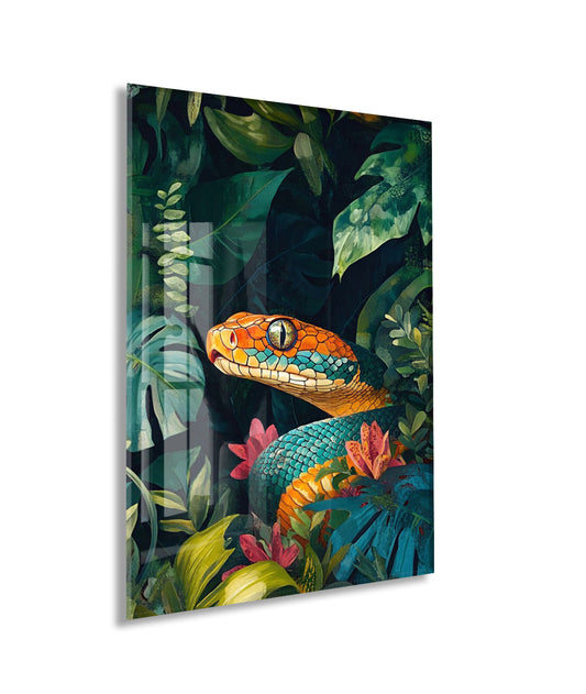 Tropikal Yılan Cam Duvar Tablosu – Egzotik Orman Tasarımı - Peony120