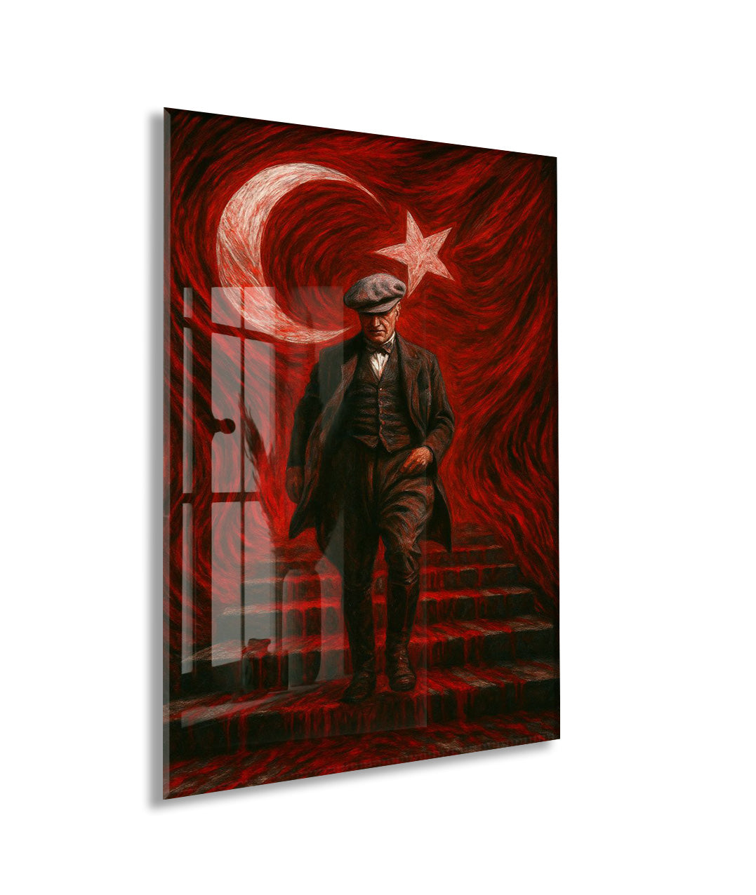 Atatürk Sanatsal Cam Tablo – Ay Yıldızlı Kırmızı Fonlu Devrim Temalı Duvar Sanatı -PeonyAta062
