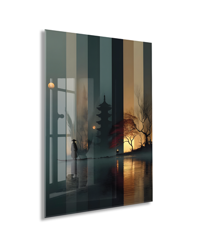 Modern Asya Tapınak Silüeti Cam Tablo – Gece ve Gün Batımı Temalı Sanatsal UV Baskılı Temperli Cam Duvar Tablosu - Peony016