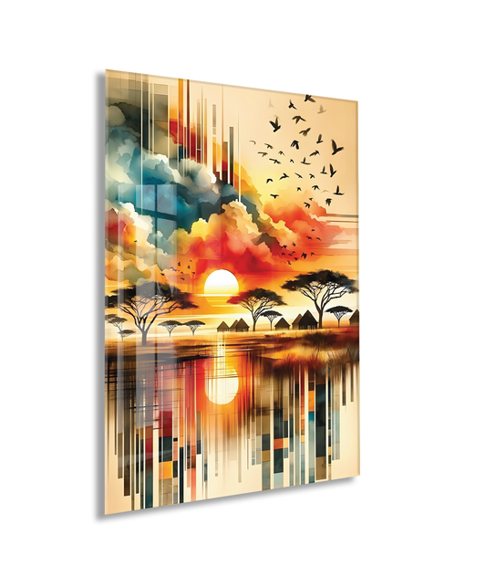 Modern Soyut Afrika Gün Batımı Cam Tablo – Doğa ve Manzara Temalı Sanatsal UV Baskılı Temperli Cam Duvar Tablosu - Peony006
