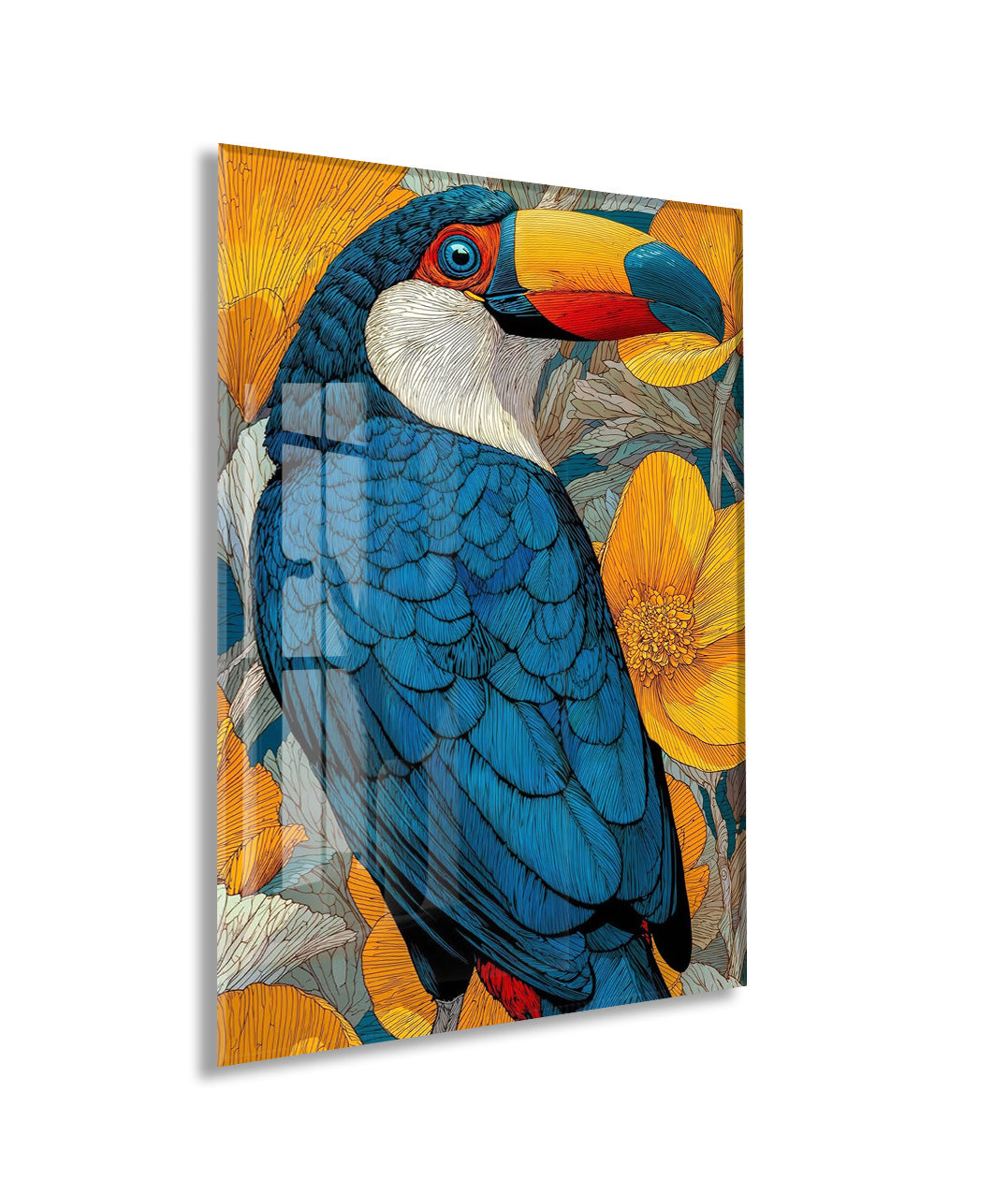 Renkli Tukan Kuşu Cam Duvar Tablosu – Tropikal Çiçekli Modern Tasarım- Peony117