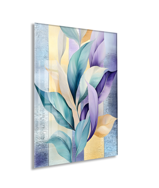 Modern Soyut Yaprak Desenli Cam Tablo – Mavi Mor Tonlu Dekoratif Cam  Duvar Tablosu - Peony073