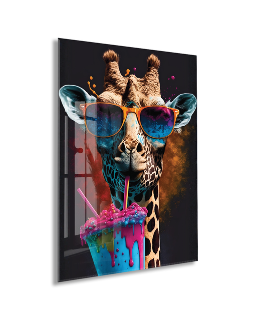 Renkli Gözlüklü Zürafa Cam Tablo – Modern, Eğlenceli ve Çarpıcı Duvar Sanatı - Peony023
