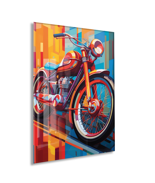 Retro Motosiklet Cam Tablo – Modern Geometrik Stil, Renkli UV Baskılı Temperli Cam Duvar Tablosu - Peony039